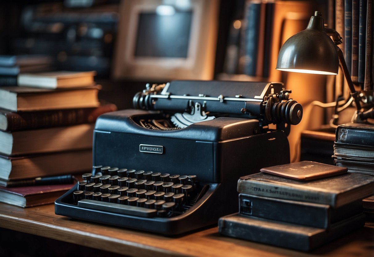 A cluttered desk with retro gadgets, books, and quirky decor. Posters of sci-fi and fantasy films adorn the walls. A vintage typewriter sits next to a modern computer