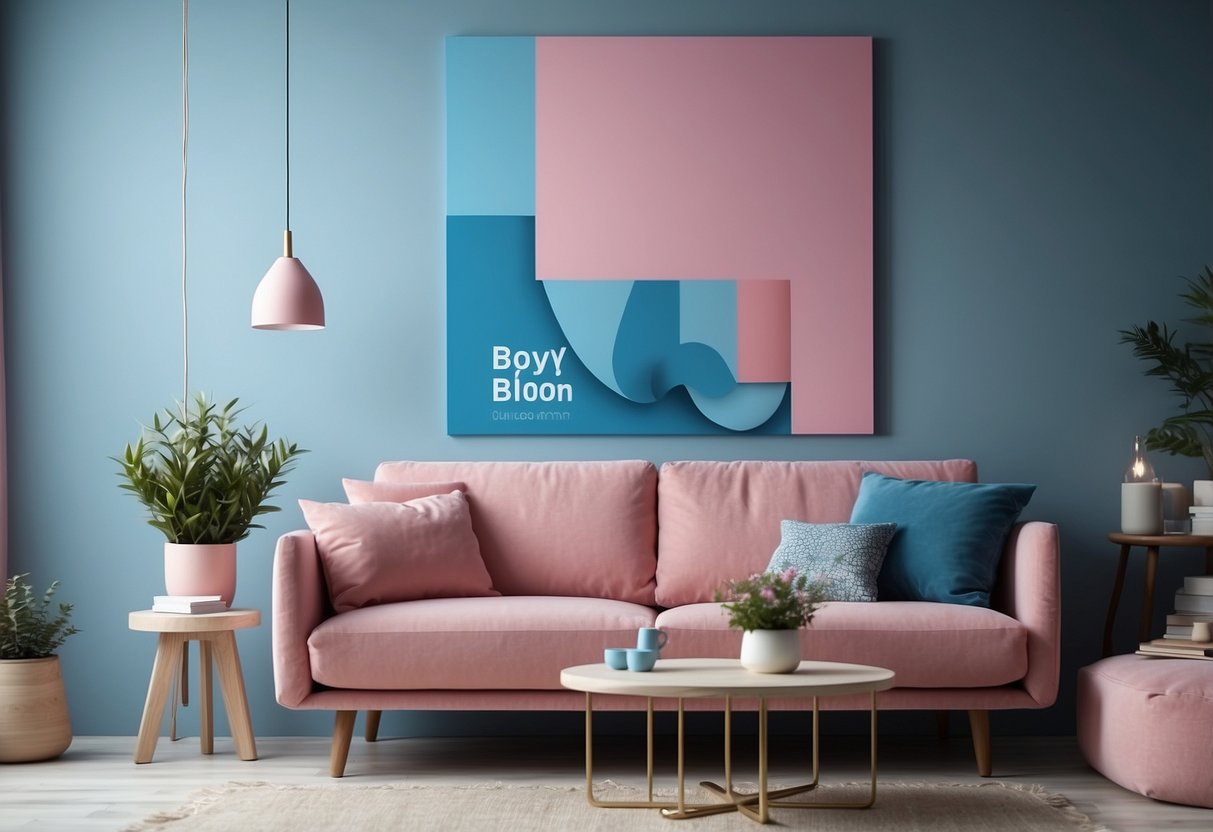 A simple living room with blue and pink accents, a "Boy or Girl?" banner, and a cake with a hidden colored filling