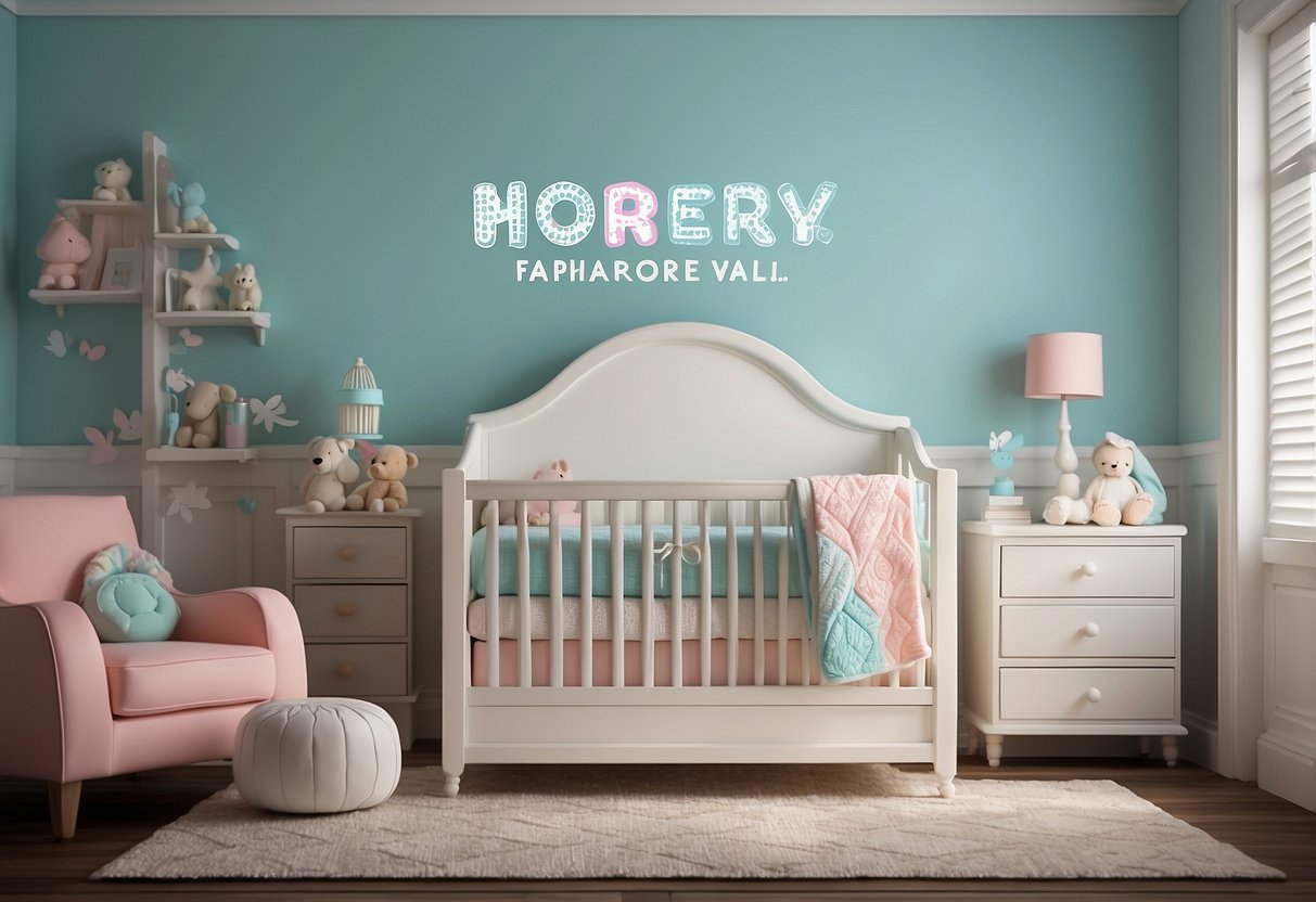 A colorful nursery wall adorned with personalized baby name art for a gender reveal home decor idea