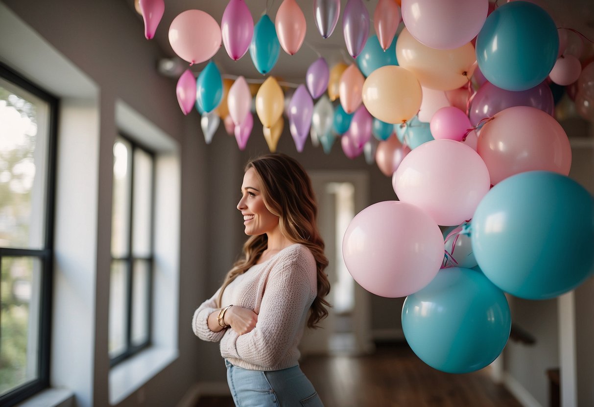 A pastel-colored balloon garland kit hangs from the ceiling, creating a whimsical and festive atmosphere for a gender reveal celebration at home