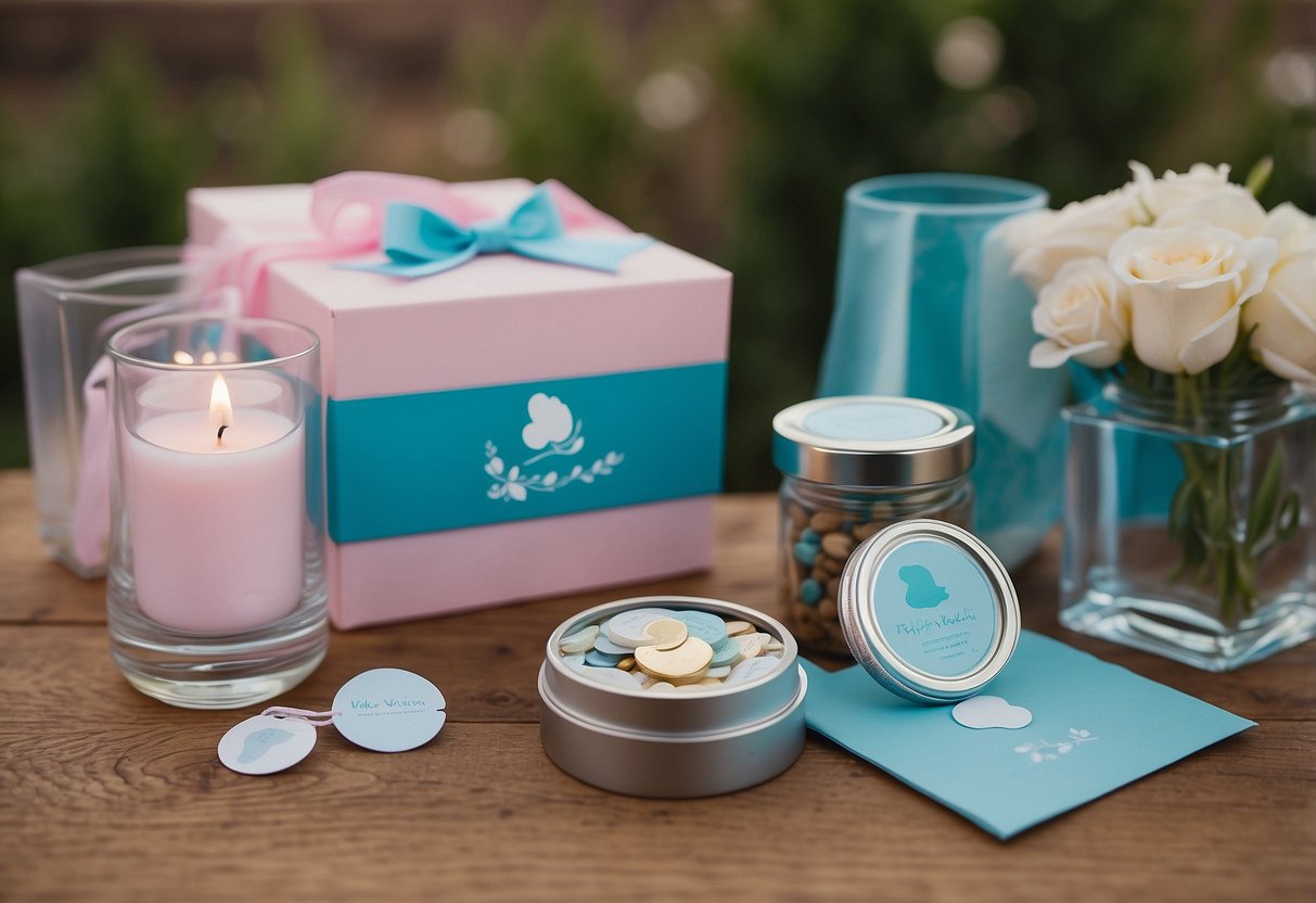 A small footprint keepsake kit sits on a table, surrounded by gender reveal decor. The kit includes materials for creating a lasting memento of a baby's footprint