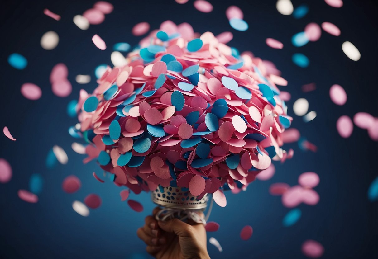 Colorful confetti poppers burst, revealing pink and blue confetti swirling in the air, creating a festive and joyful atmosphere