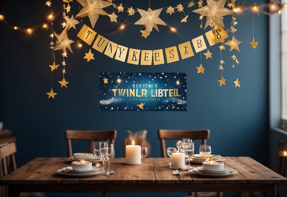 A banner with "Twinkle Twinkle Little Star" hangs above a table with gender reveal decor