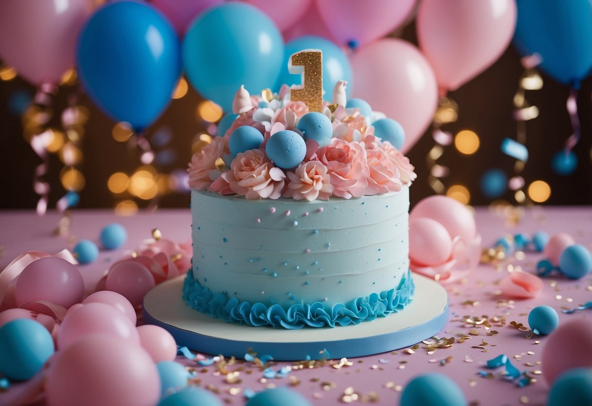 A gender reveal cake topper sits atop a pink and blue frosted cake, surrounded by confetti and balloons, creating a festive and celebratory atmosphere