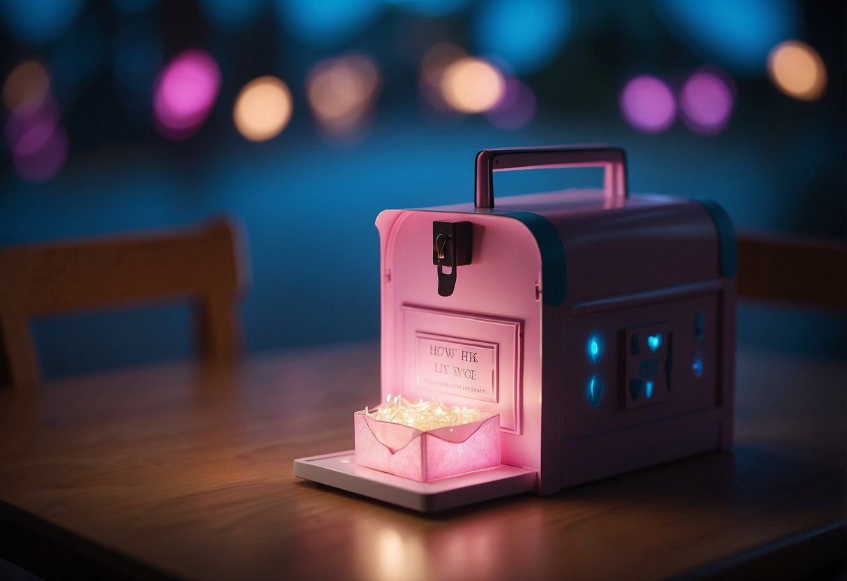 A small light-up letter box sits on a table, glowing with pink and blue lights, hinting at a gender reveal celebration