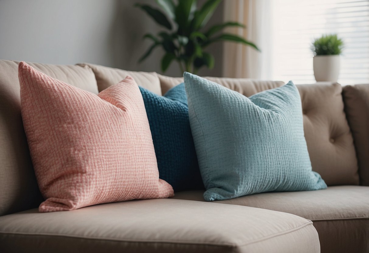 Two throw pillows, one blue and one pink, arranged on a neutral-colored couch in a cozy living room setting