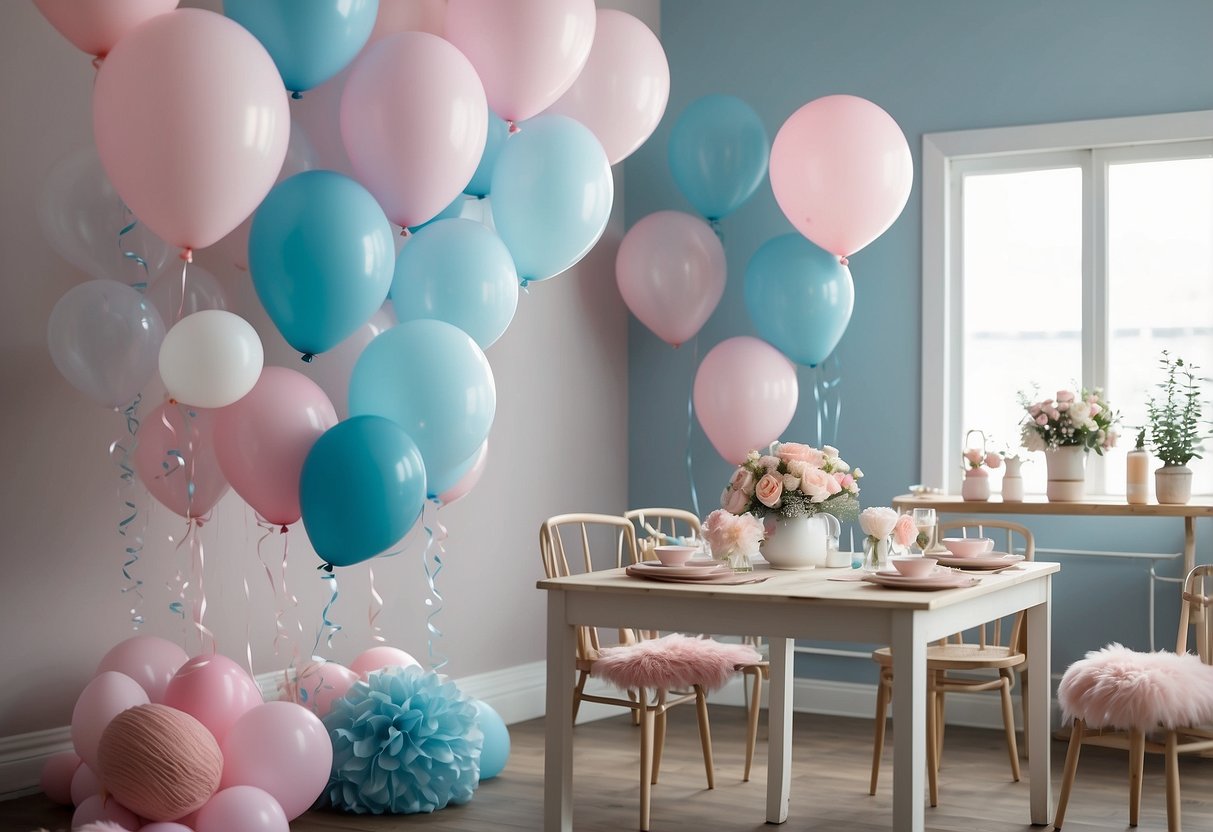 A room with pastel blue and pink decorations, including balloons, banners, and table settings. The color scheme is soft and inviting, perfect for a small gender reveal celebration