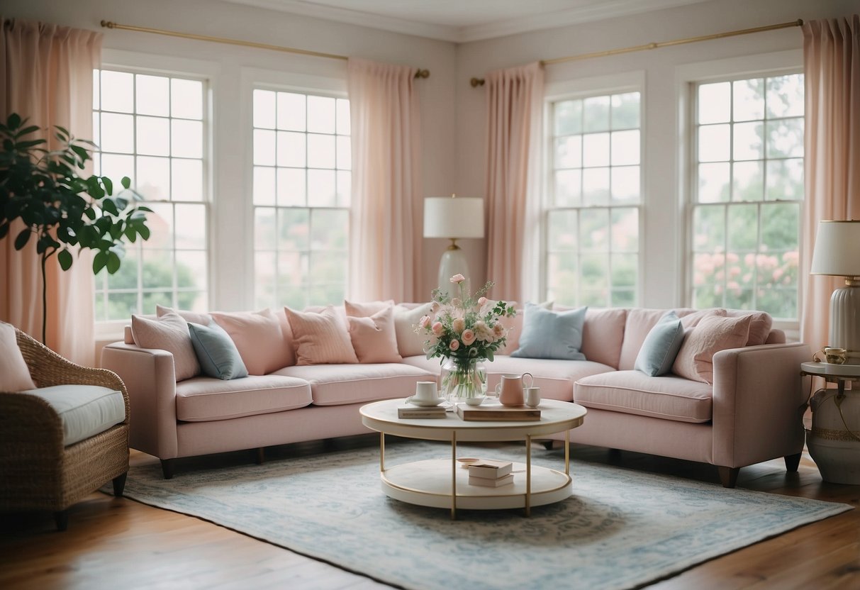 A living room adorned with gender-neutral decor, featuring soft pastel colors, delicate floral accents, and subtle hints of blue and pink