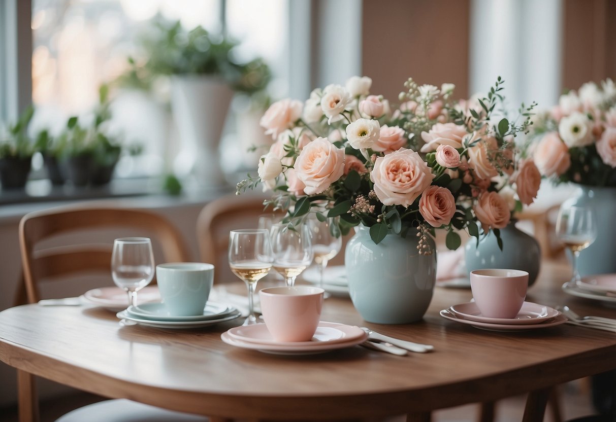 A cozy dining area with soft pastel colors, delicate floral centerpieces, and subtle hints of pink and blue in the decor