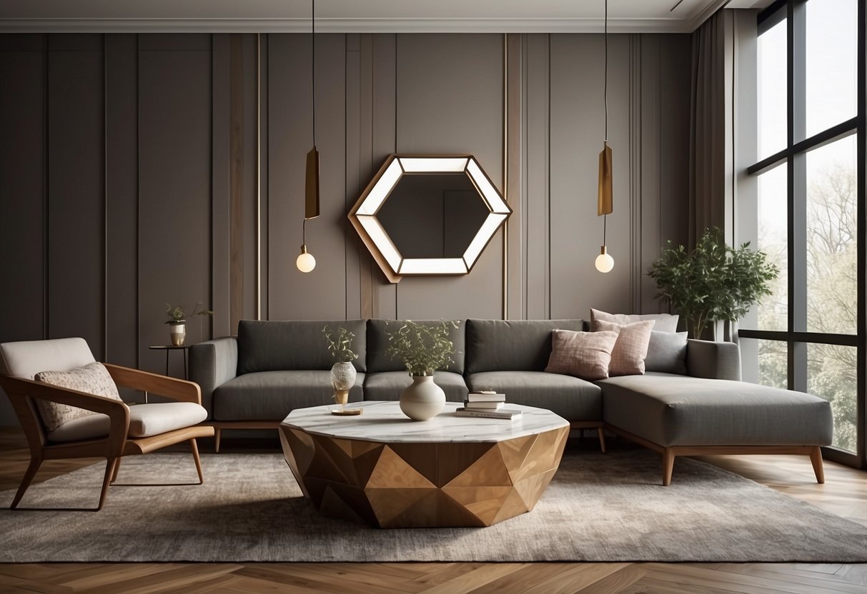 A living room with angular furniture, a hexagonal mirror, and a square rug. Decorative wall art features geometric shapes