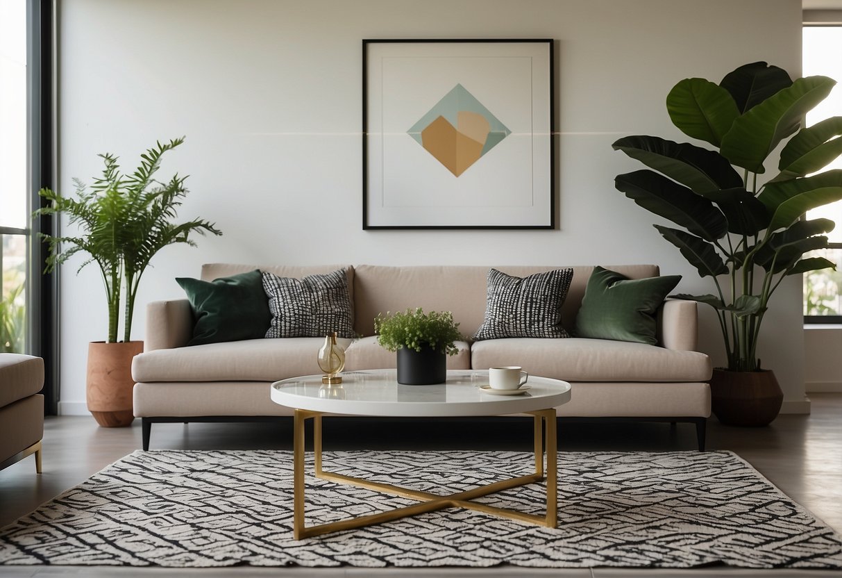 A living room with a diamond pattern rug, set against a modern sofa and coffee table, with geometric wall art and plants