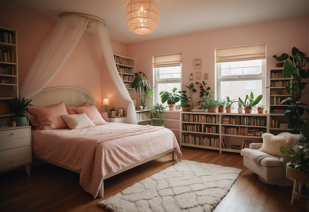 A cozy bedroom with pastel walls, a canopy bed adorned with fairy lights, a fluffy area rug, and shelves filled with books and potted plants