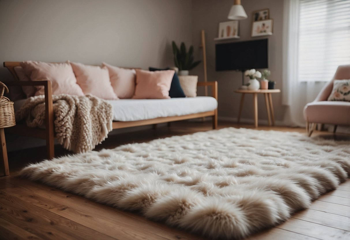 A fluffy area rug sits in a cozy girls' bedroom, adding warmth and comfort to the space. This home decor idea creates a soft and inviting atmosphere