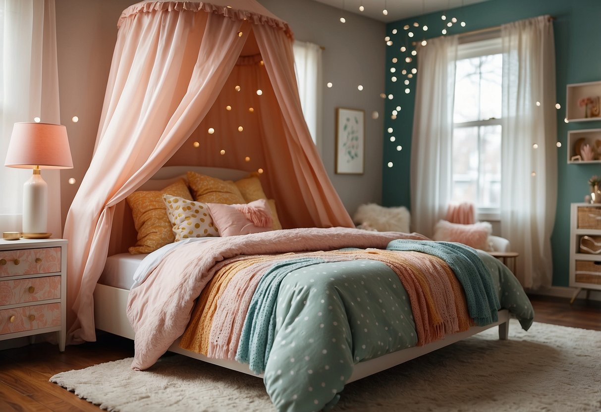 A cozy girls' bedroom with polka dot peel-and-stick wallpaper, a fluffy rug, and a canopy bed with colorful bedding