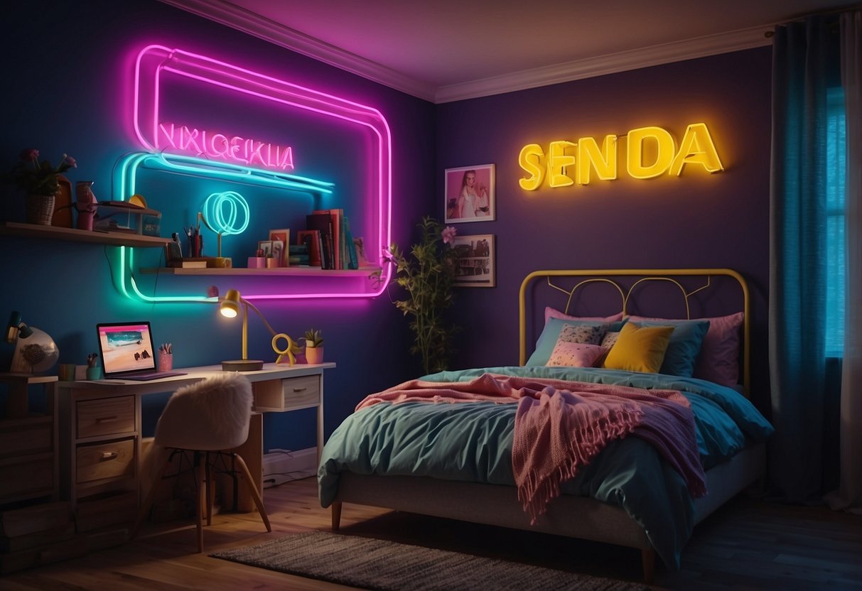 A neon sign with a custom name hangs on the wall of a colorful and cozy girls' bedroom, adding a personalized touch to the decor