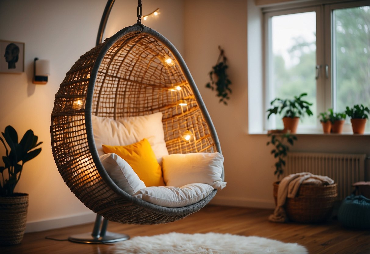 A hanging chair with cushions in a cozy girl's bedroom, surrounded by colorful decor and soft lighting