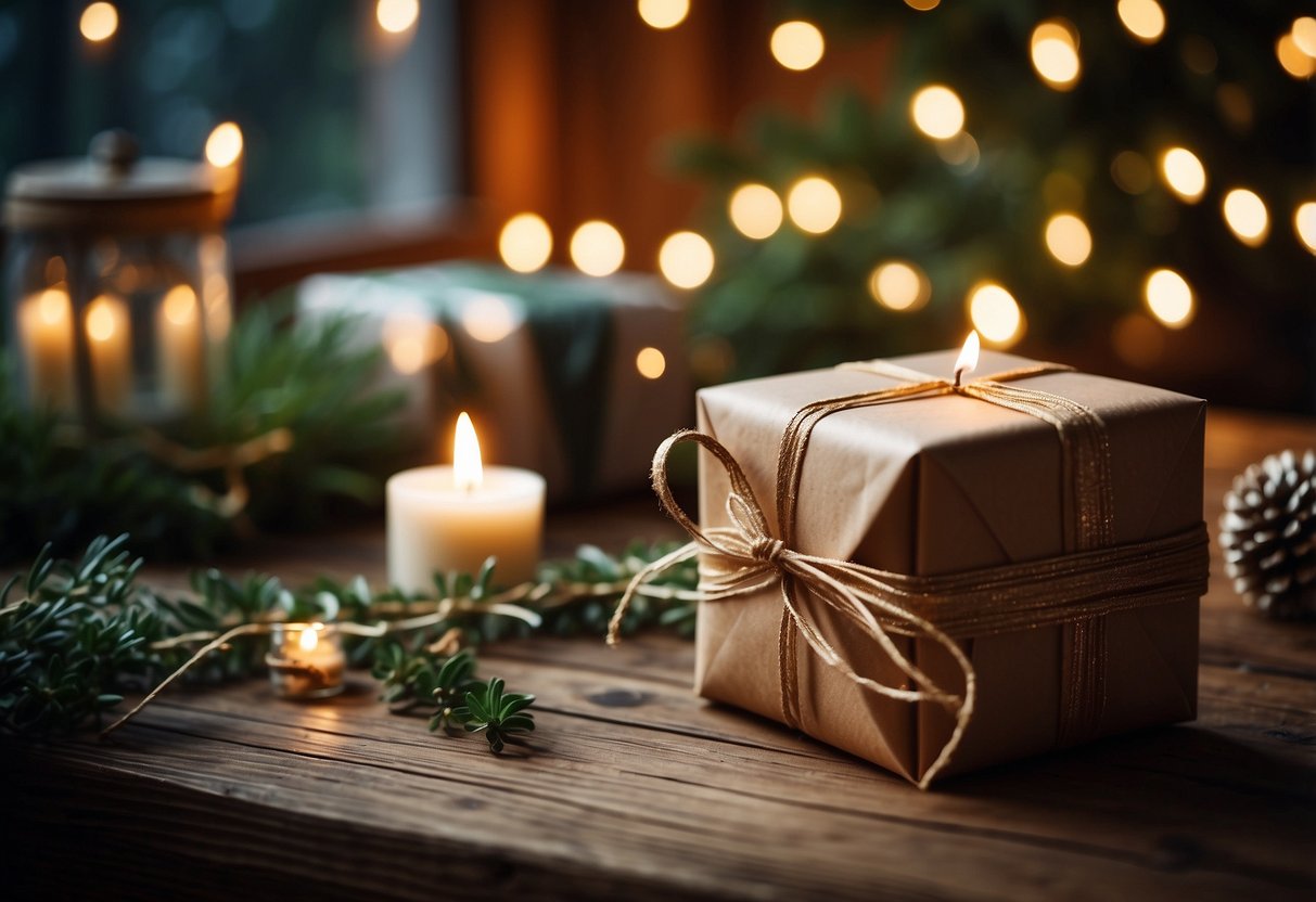 A beautifully wrapped gift box sits on a rustic wooden table surrounded by fairy lights, greenery, and candles, creating a cozy home decor setting