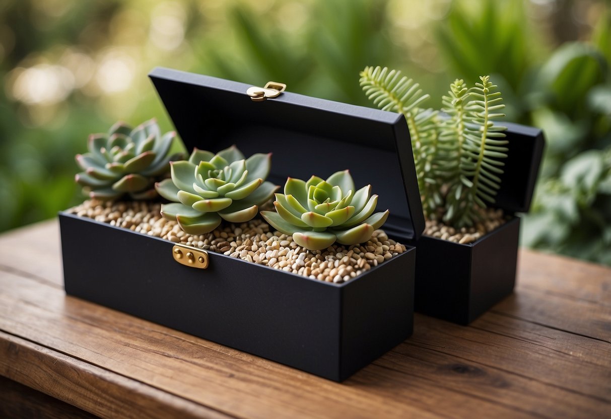 A gift box holds three ceramic succulent planters, arranged on a wooden surface with a backdrop of greenery and natural light