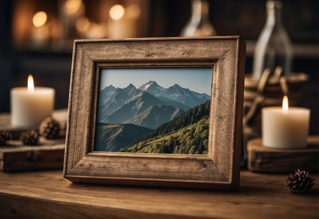 A rustic wooden picture frame sits in a gift box, surrounded by home decor items