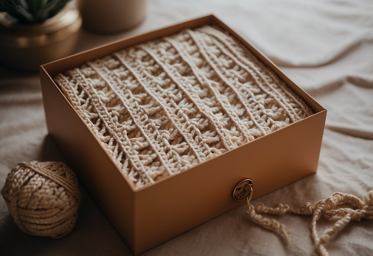 A handwoven macrame wall hanging hangs inside a gift box, surrounded by home decor items