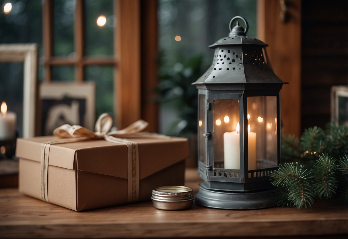 A vintage lantern candle holder sits inside a gift box surrounded by rustic home decor items