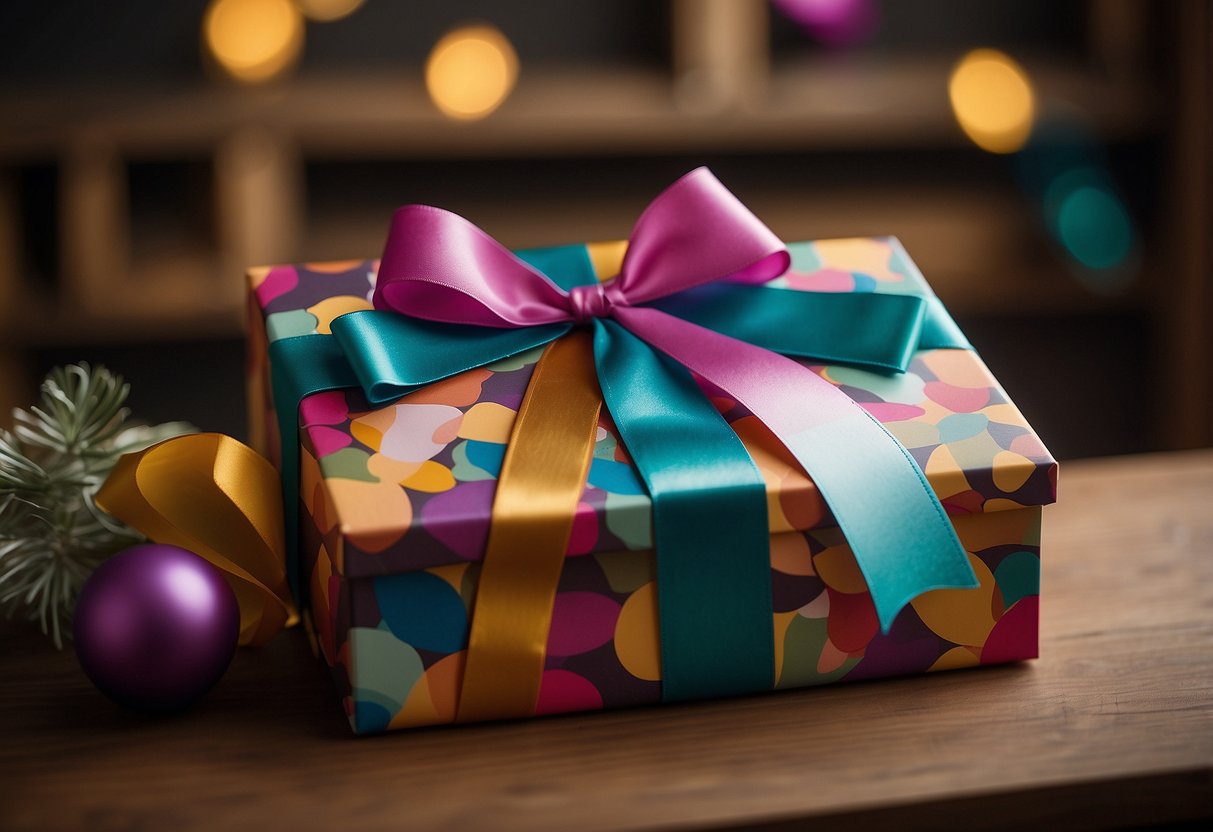 A wooden name plaque sits in a gift box surrounded by colorful ribbons and decorative paper. The box is placed on a modern home decor shelf