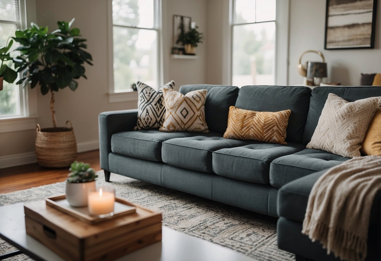 A cozy living room with a modern sofa adorned with a geometric throw pillow. A gift box sits on the coffee table, surrounded by home decor ideas