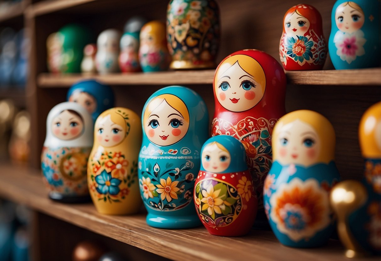 A colorful gift box of nesting dolls sits on a wooden shelf, surrounded by other decorative items. The dolls are intricately hand-painted with vibrant designs, adding a touch of charm to the room