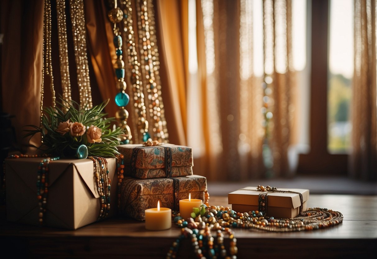 A bohemian beaded curtain drapes over a gift box, surrounded by eclectic home decor items