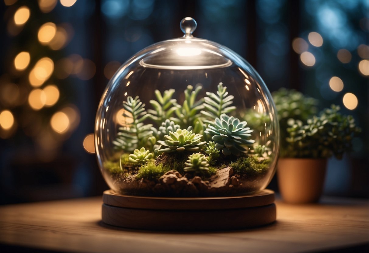 A glass terrarium sits on a wooden table, softly illuminated by fairy lights inside a gift box. It adds a touch of elegance to the cozy home decor