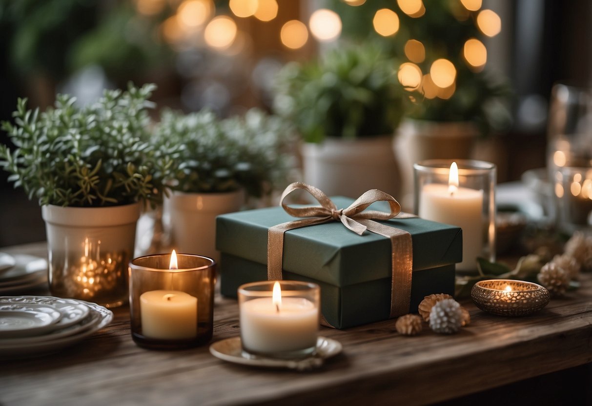 A table adorned with various gift boxes, each showcasing a different theme such as rustic, modern, or vintage. Surrounding the boxes are home decor items like candles, plants, and picture frames