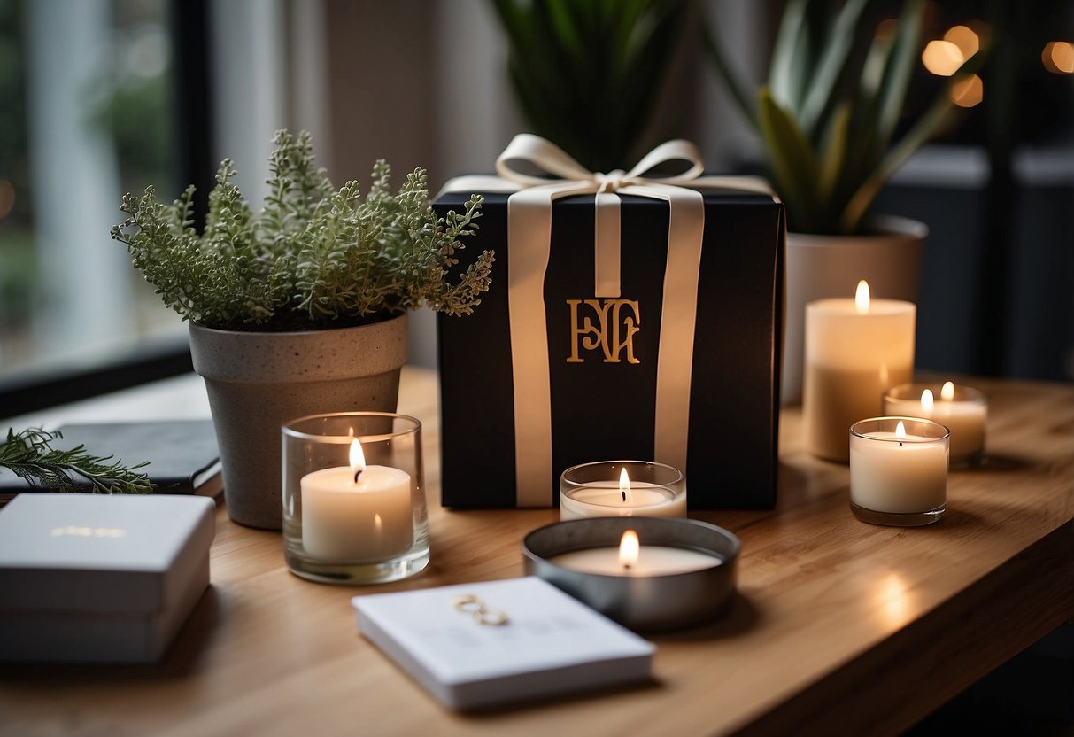 A gift box sits on a table surrounded by home decor items like candles, picture frames, and small plants. The box is adorned with personalized details like a monogram or custom message