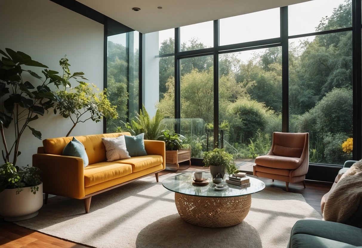 A bright living room with a glass wall overlooking a lush garden, with modern furniture and colorful decor