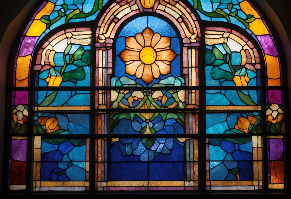 A vibrant stained glass panel hangs on a sunlit wall, casting colorful patterns across the room. The intricate design adds a touch of elegance to the space