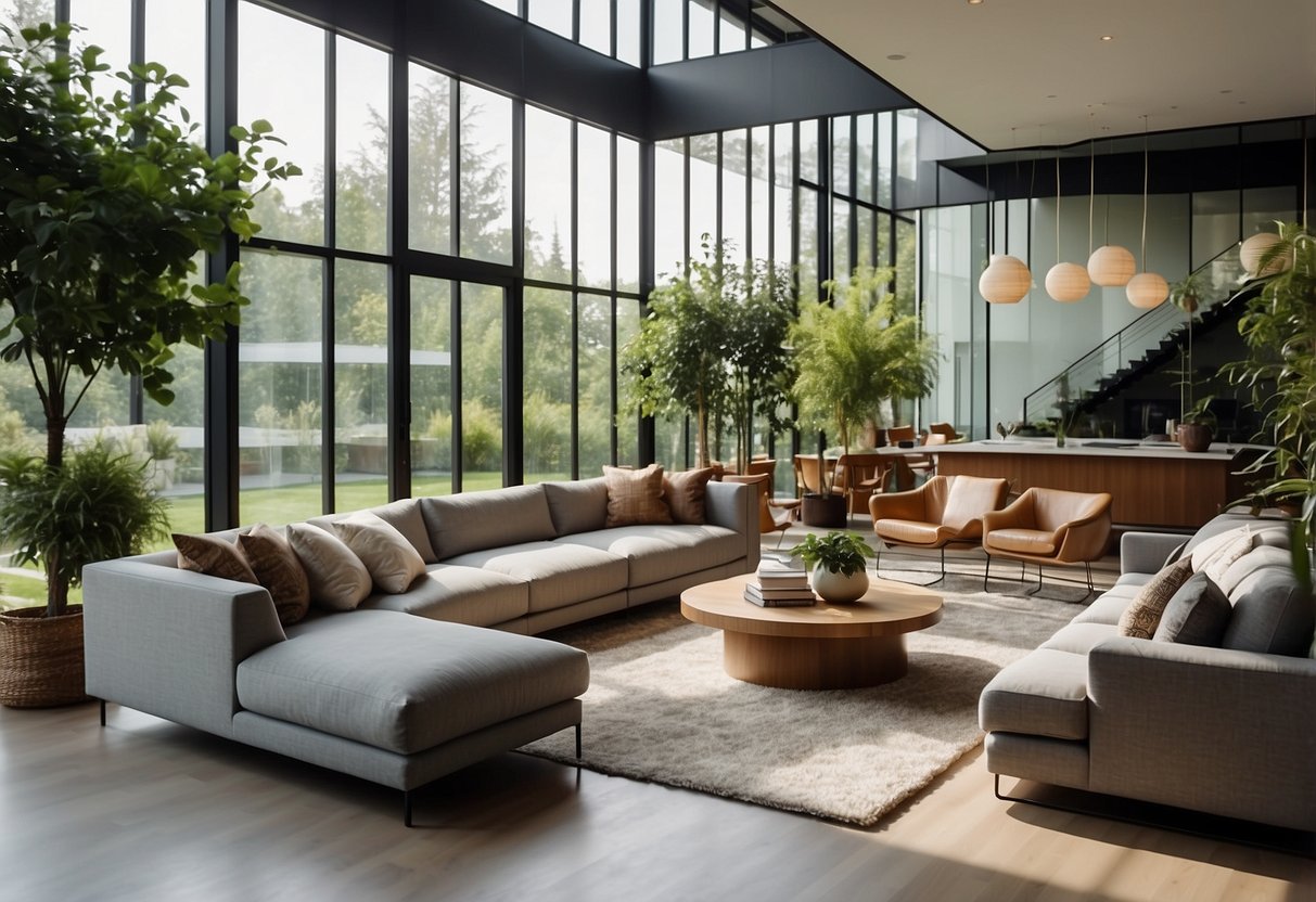 A modern living room with floor-to-ceiling glass walls, allowing natural light to flood the space. Sleek furniture and vibrant greenery create a contemporary and airy atmosphere