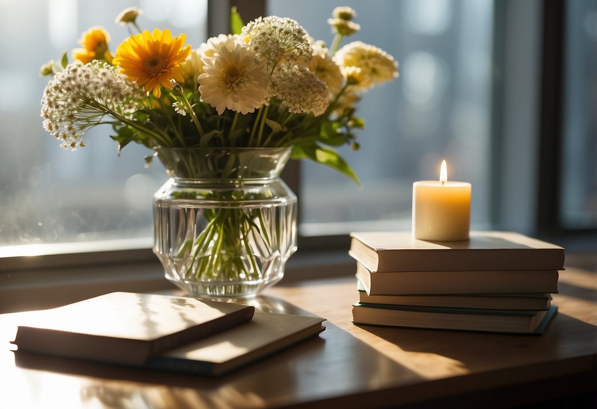 A sleek glass table adorned with a vase of fresh flowers, a stack of art books, and a scented candle. Sunlight filters through the window, casting a warm glow on the elegant display