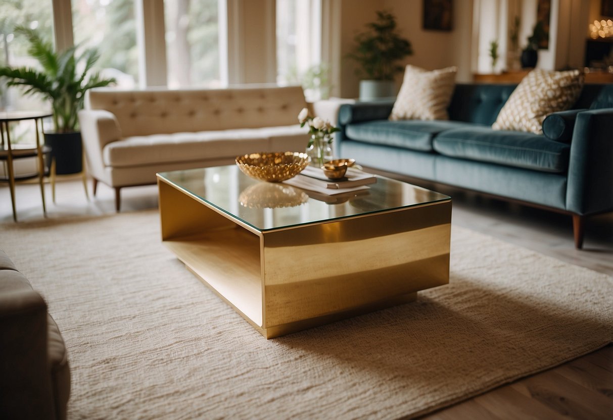 A gold gilt coffee table with a glass top sits in a mid-century modern living room, surrounded by vintage decor and furniture