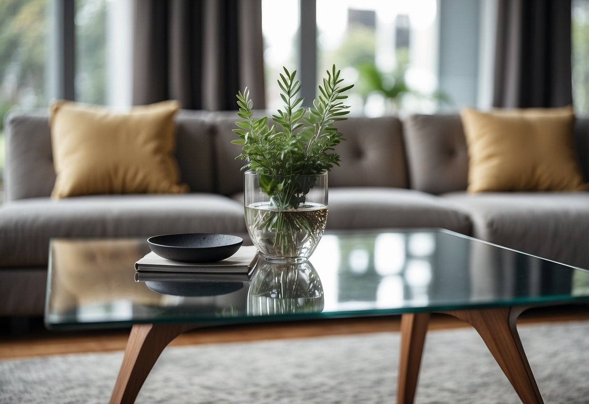 A sleek glass and wood combination table sits in a modern living room, surrounded by minimalist decor and natural light