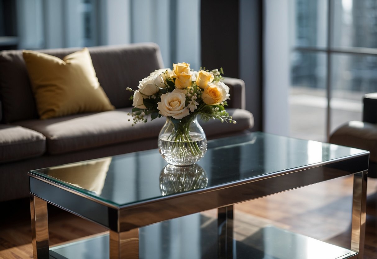 A sleek glass and chrome table sits in a modern living room, reflecting the light and adding a touch of Art Deco elegance to the space