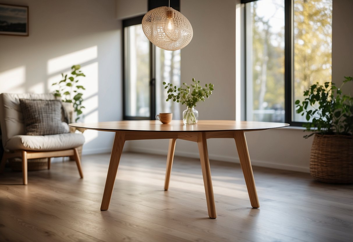 A sleek glass and oak table sits in a sunlit Scandinavian living room, surrounded by minimalist decor and natural light