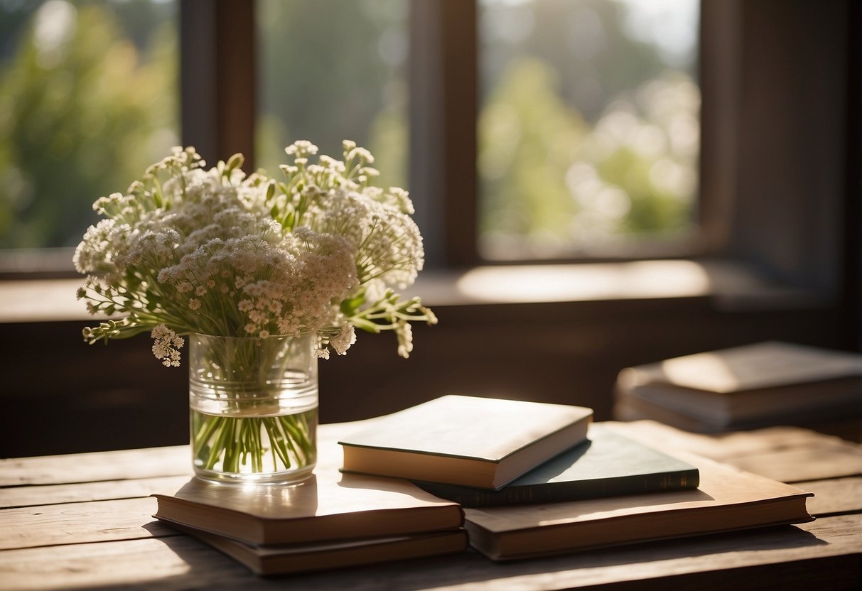 A rustic reclaimed wood and glass table sits in a sunlit room, adorned with a vase of fresh flowers and a stack of books