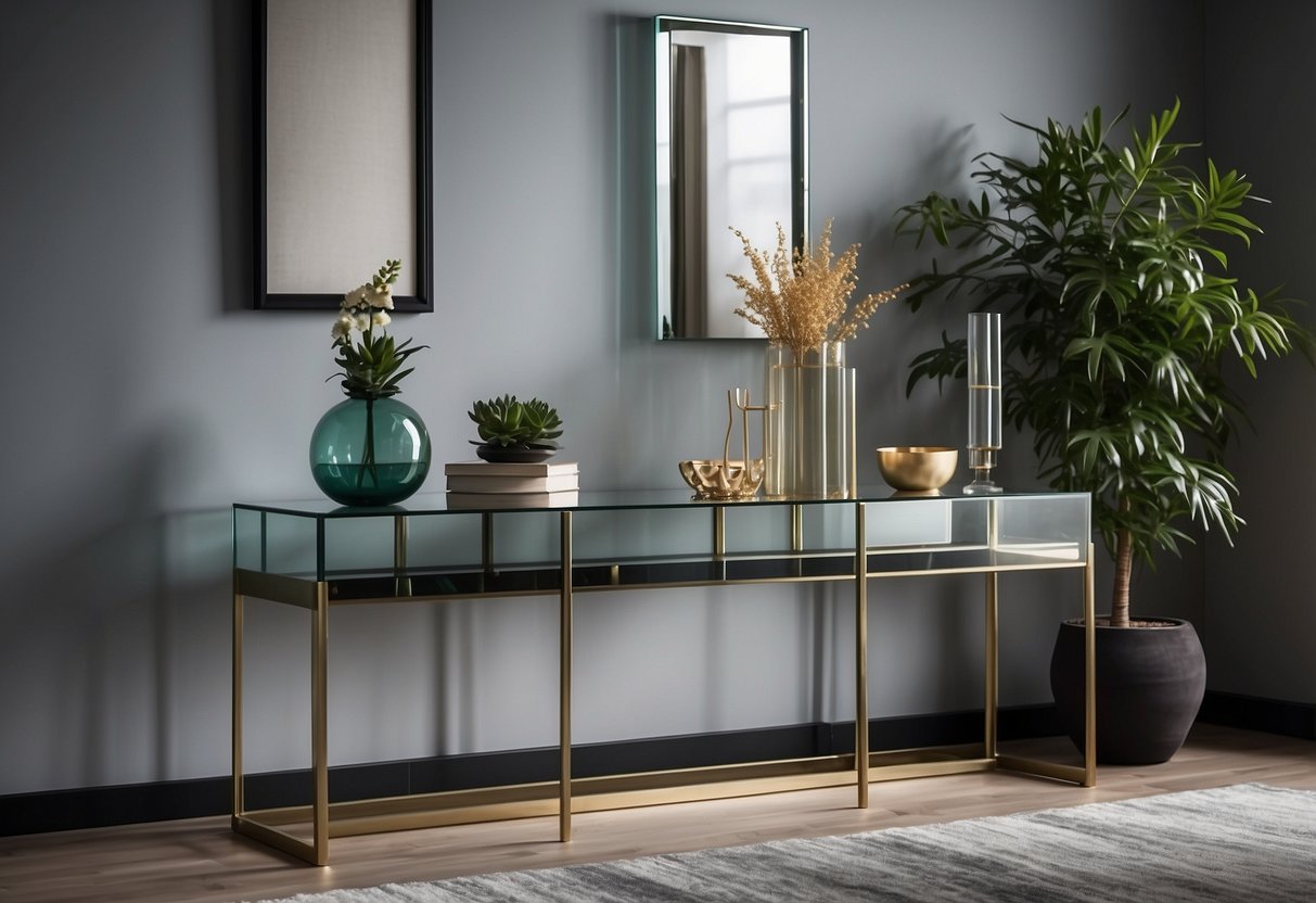 A sleek glass console table stands against a modern backdrop, adorned with minimalist decor and reflective surfaces