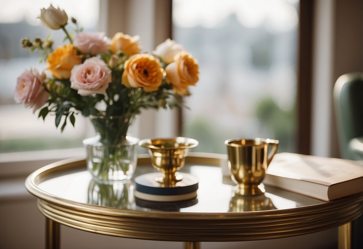 A traditional glass and brass side table sits in a well-lit room, adorned with a vase of fresh flowers and a stack of books