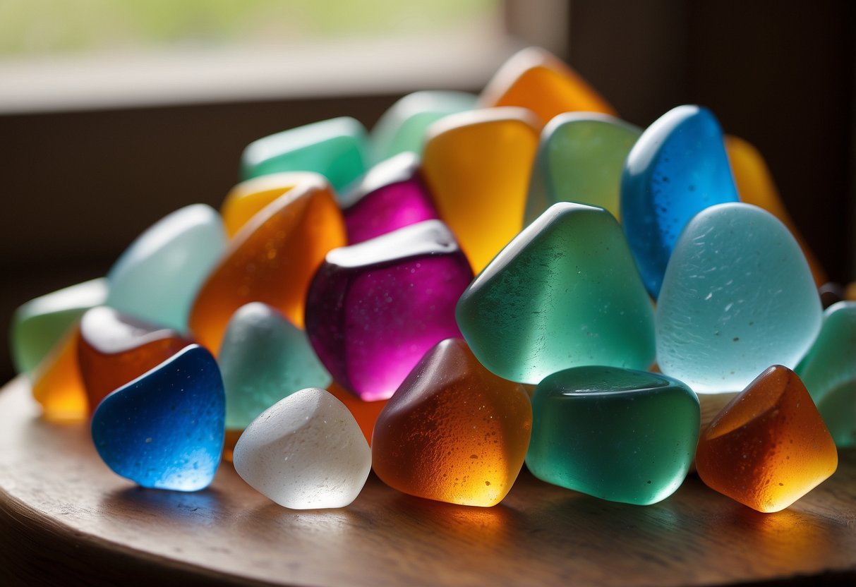 Colorful beach glass arranged in a geometric pattern on a wooden table with a soft, natural light filtering through a nearby window