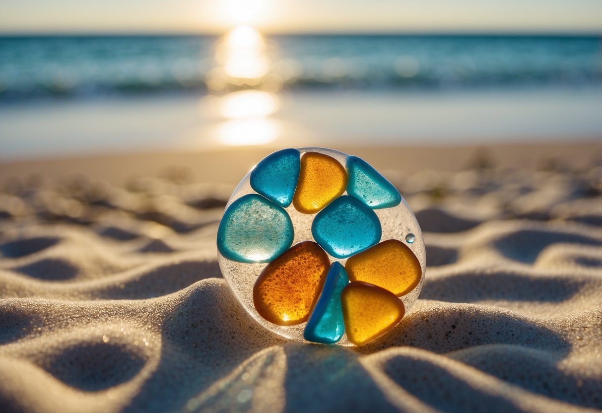 A sandy beach with waves gently lapping at the shore, scattered with colorful beach glass and surrounded by coastal resin art decor