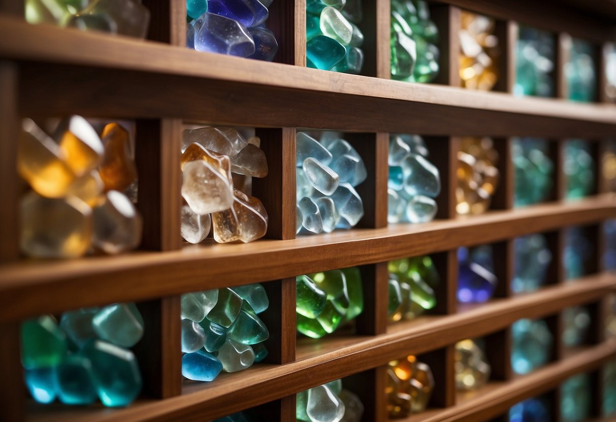 A wooden shelf holds various sizes and colors of beach glass arranged in a photo display. The sunlight filters through the glass, casting colorful reflections on the wall behind