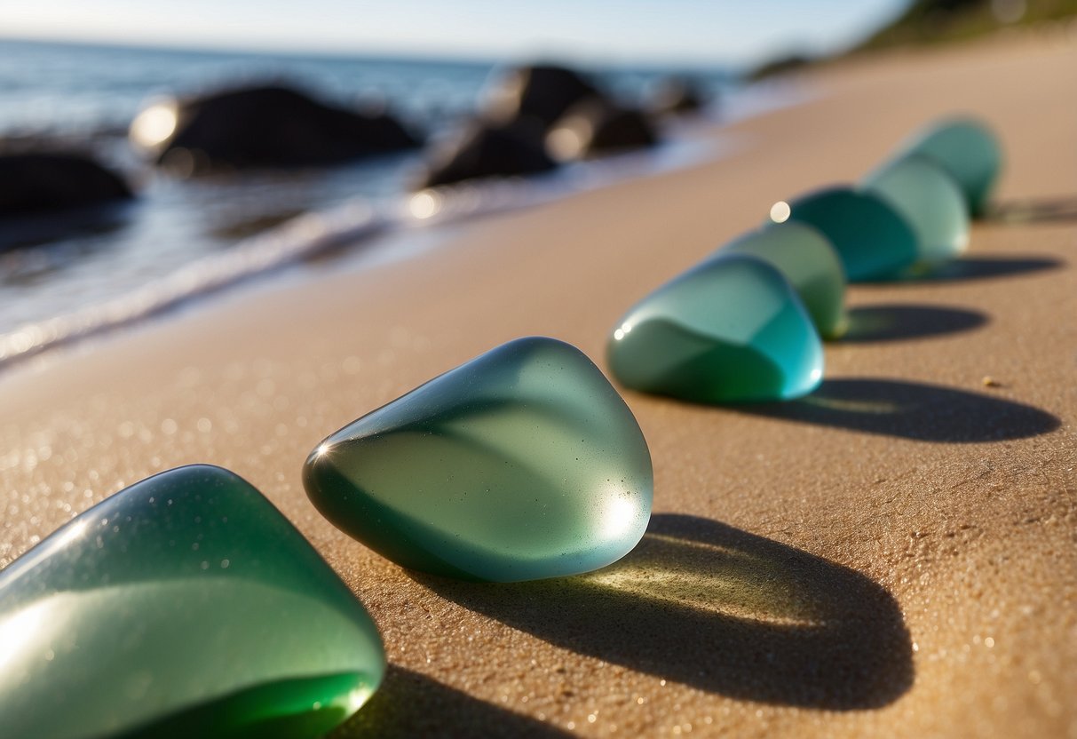 Seaglass planters arranged on sandy beach, with waves in background. Sunlight reflects off glass, creating colorful patterns