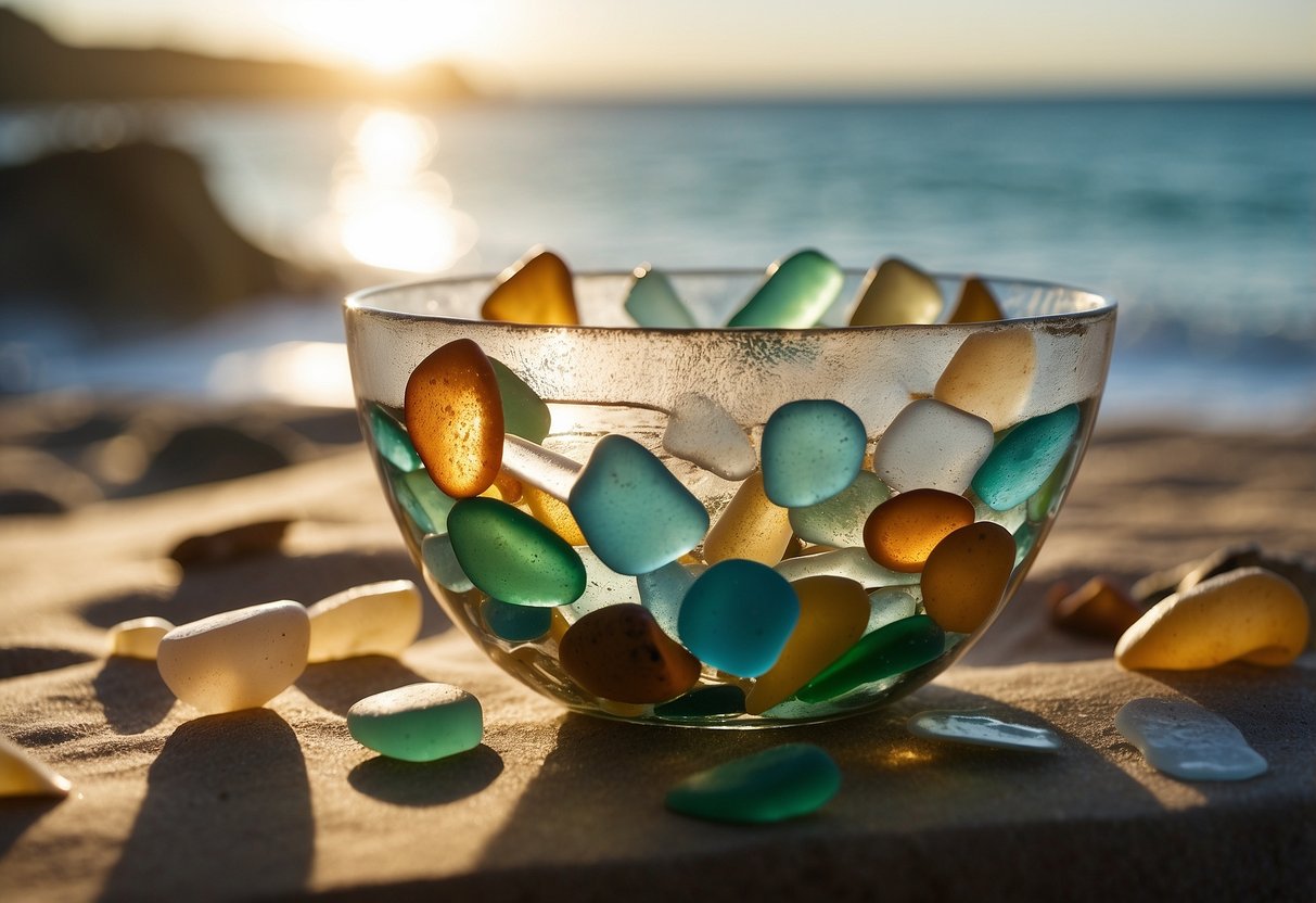 Sunlight filters through a window, casting a soft glow on a collection of beach glass. The glass is arranged in a decorative bowl, catching the light and creating a beautiful, calming display