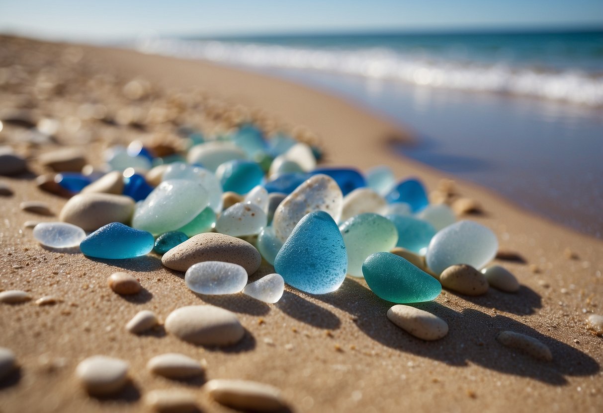 A sandy beach with scattered beach glass in various colors and sizes, with gentle waves lapping at the shore under a clear blue sky