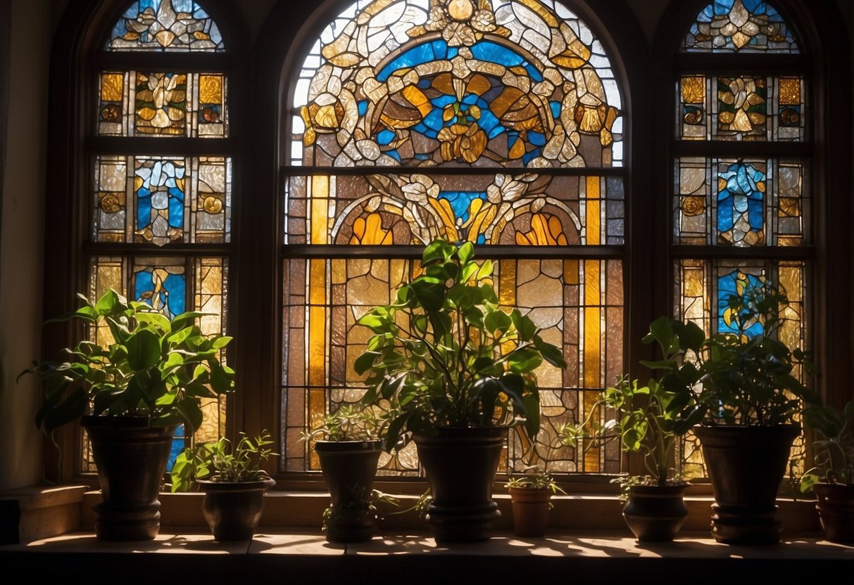 Sunlight streams through an antique stained glass window, casting vibrant colors and patterns onto the room's interior. The window is surrounded by vintage decor, including potted plants and ornate candle holders